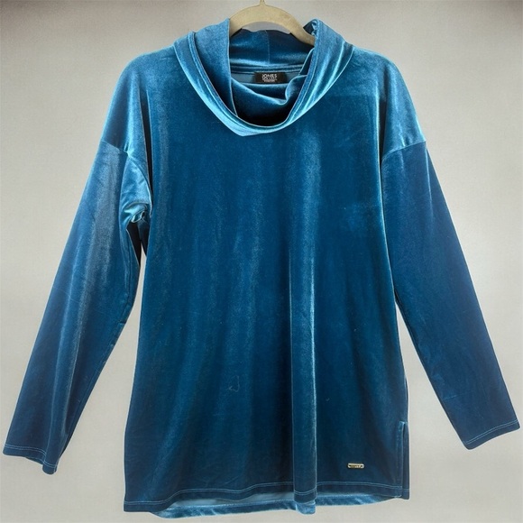 Jones New York Tops - Jones New York Signature Cowl Neck Velvet Long Sleeve Top in Blue Small